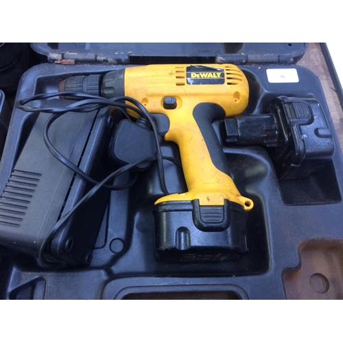 95 - THREE CASED ITEMS TO INCLUDE A DEWALT 12V CORDLESS DRILL WITH TWO BATTERIES AND CHARGER, BOSCH (MODE... 