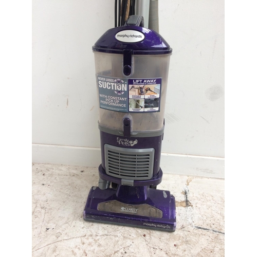 224 - A GREY AND PURPLE MORPHY RICHARDS UPRIGHT CYLINDER BAGLESS VACUUM CLEANER