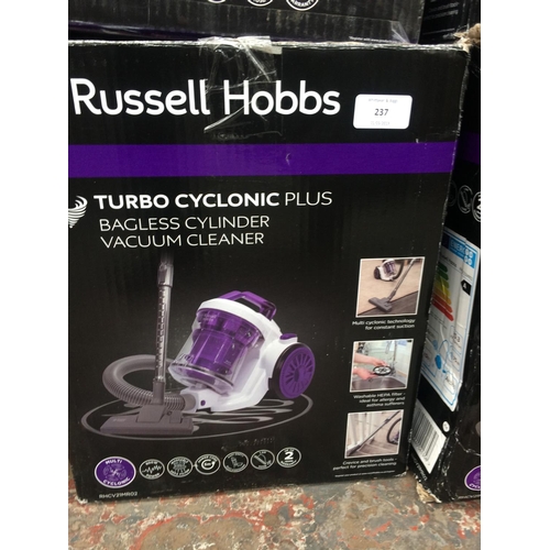 237 - A BOXED RUSSELL HOBBS TURBO CYCLONIC PLUS BAGLESS CYLINDER VACUUM CLEANER (W/O)