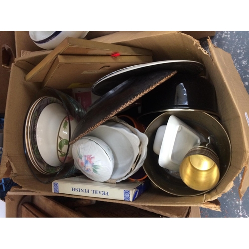 307 - SEVEN BOXES CONTAINING CHINA, GLASSWARE, ORNAMENTS, KITCHENWARE, BAROMETER, WOODEN TRAYS ETC