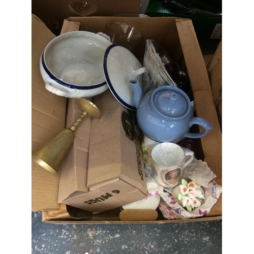 307 - SEVEN BOXES CONTAINING CHINA, GLASSWARE, ORNAMENTS, KITCHENWARE, BAROMETER, WOODEN TRAYS ETC