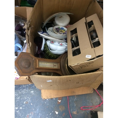 307 - SEVEN BOXES CONTAINING CHINA, GLASSWARE, ORNAMENTS, KITCHENWARE, BAROMETER, WOODEN TRAYS ETC