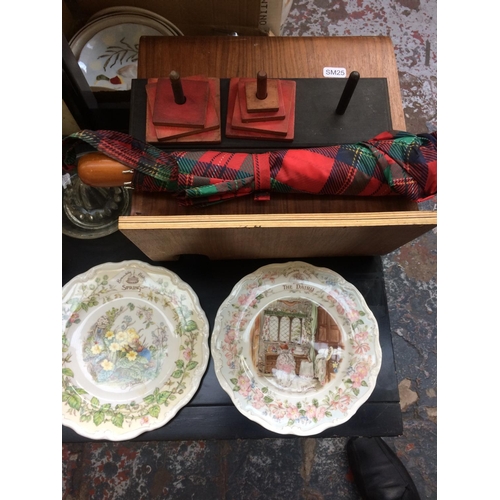 311 - A MIXED LOT TO INCLUDE ORIENTAL TWO DOOR CABINET, JEWELLERS SCALE WEIGHTS, CHINA, PICTURES, MAGAZINE... 