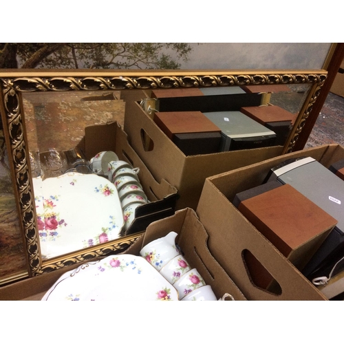 315 - THREE BOXES CONTAINING MIXED CHINA, CLOCKS, GILT FRAMED MIRROR, PICTURES, STEREO ETC