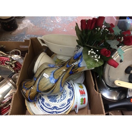 322 - THREE BOXES CONTAINING GLASSWARE, KITCHENWARE, MIRRORS, SILVER PLATED WARE ETC