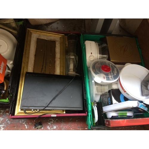 330 - FOUR BOXES CONTAINING KITCHENWARE, DVD PLAYER, CUTLERY, NEW PLASTIC APRON ROLLS ETC