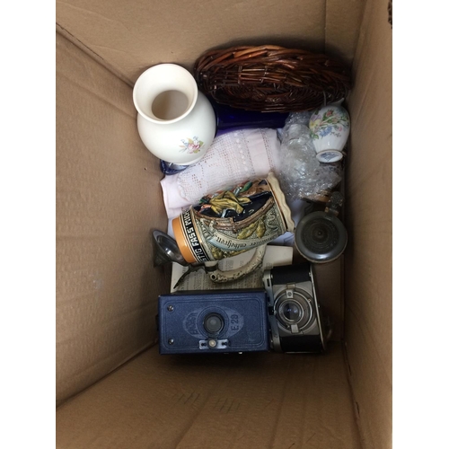 343 - A BOX CONTAINING MIXED CAMERAS, CHINA, BOOKS, IMPERIAL TYPEWRITER, NAUTICAL FLOAT ETC