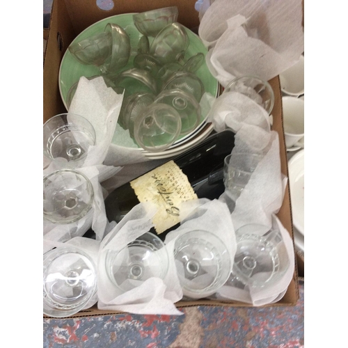 345 - EIGHT BOXES CONTAINING GLASSWARE, CHINA, CHAMPAGNE BOTTLES, GLASS VASES ETC