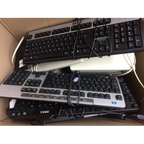 267 - TWO BOXES OF GOOD QUALITY NEW COMPUTER ACCESSORIES TO INCLUDE HP AND DELL KEYBOARDS, SMALL SPEAKER S... 