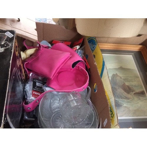 306 - FOUR BOXES CONTAINING CHINA, PAINTINGS, CEILING LIGHTS, CARMEN HAIR ROLLERS ETC