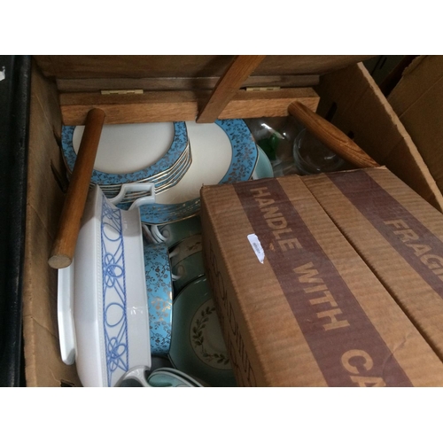 307 - SEVEN BOXES CONTAINING CHINA, GLASSWARE, ORNAMENTS, KITCHENWARE, BAROMETER, WOODEN TRAYS ETC