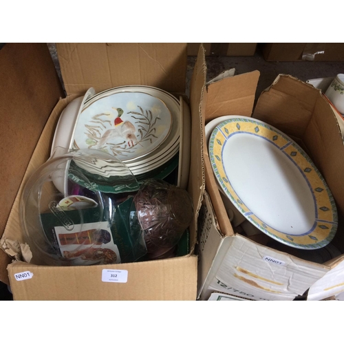 312 - FOUR BOXES CONTAINING GLASSWARE, CHINA, SILVER PLATED WARE ETC