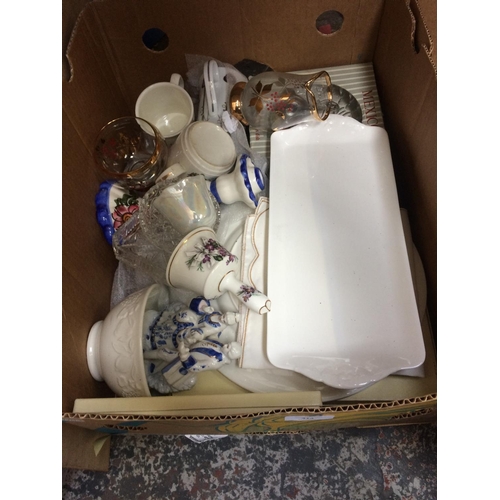 314 - THREE BOXES CONTAINING CHINA, GLASSWARE, ORNAMENTS, LAMP ETC