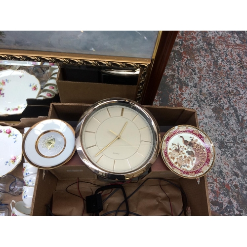 315 - THREE BOXES CONTAINING MIXED CHINA, CLOCKS, GILT FRAMED MIRROR, PICTURES, STEREO ETC