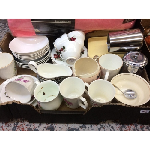 315 - THREE BOXES CONTAINING MIXED CHINA, CLOCKS, GILT FRAMED MIRROR, PICTURES, STEREO ETC