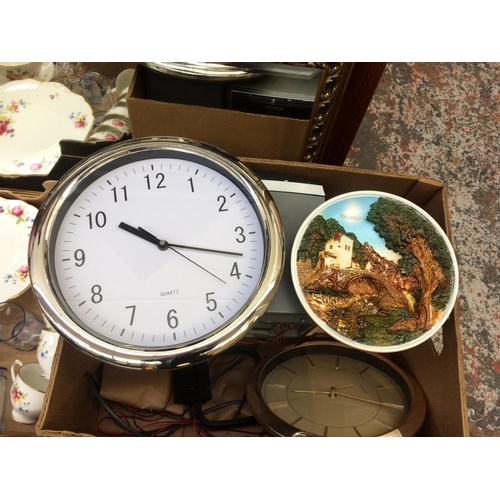 315 - THREE BOXES CONTAINING MIXED CHINA, CLOCKS, GILT FRAMED MIRROR, PICTURES, STEREO ETC