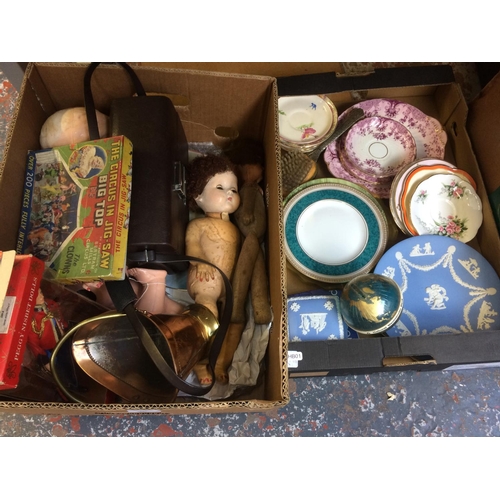 319 - SIX BOXES CONTAINING DOLLS, CHINA, COPPER WARE, PICTURES, GLASSWARE ETC