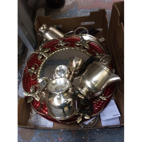 322 - THREE BOXES CONTAINING GLASSWARE, KITCHENWARE, MIRRORS, SILVER PLATED WARE ETC