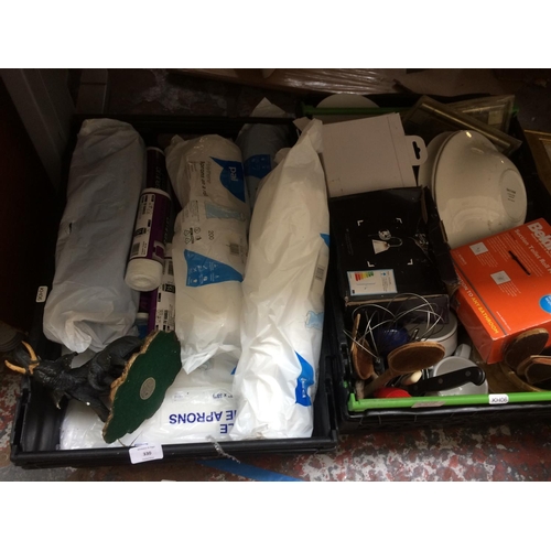 330 - FOUR BOXES CONTAINING KITCHENWARE, DVD PLAYER, CUTLERY, NEW PLASTIC APRON ROLLS ETC