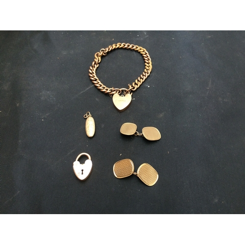 512 - A 9CT GOLD BRACELET, A PAIR OF GOLD CUFFLINKS AND A GOLD EARRING - WEIGHING 16G