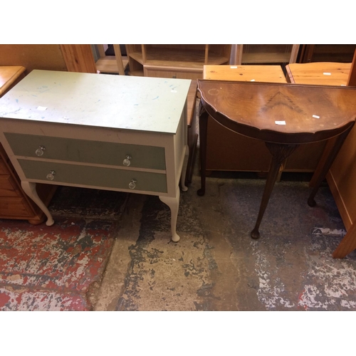 582 - TWO ITEMS: A MAHOGANY HALF MOON HALL TABLE ON CABRIOLE LEGS AND A SHABBY CHIC GREEN PAINTED CHEST OF... 