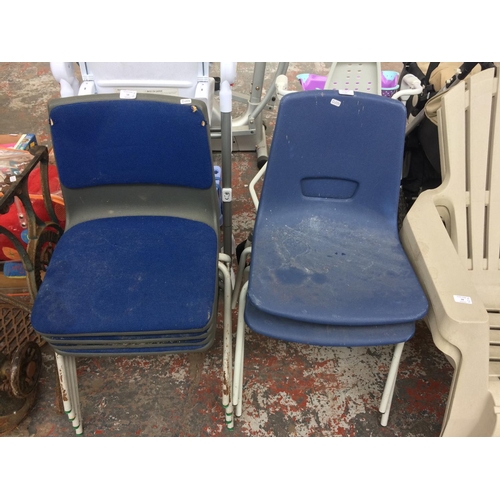 25 - SIX PLASTIC STACKABLE CHAIRS ON METAL SUPPORTS, FOUR WITH BLUE UPHOLSTERED BASES