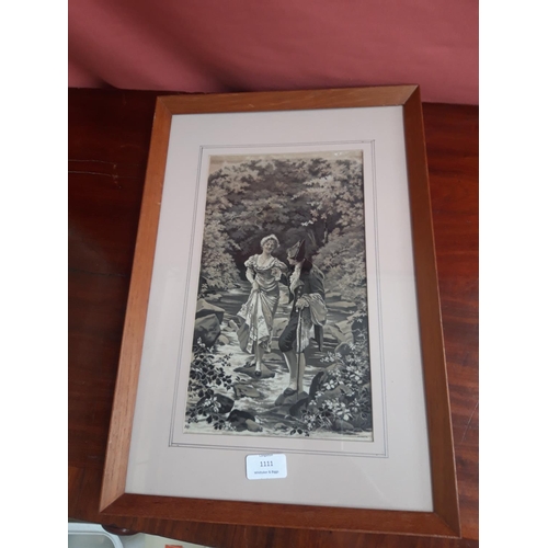 1111 - AN ORIGINAL FRAMED NEYRET FRERES OF FRANCE SILK WOVEN PICTURE TITLED LE SENTIER DANGEREUX PICTURING ... 