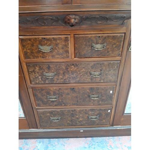 1118 - A LARGE EDWARDIAN MAHOGANY AND BURR WALNUT TRIPLE WARDROBE WITH TWO MIRRORED GLASS DOORS, TWO UPPER ... 