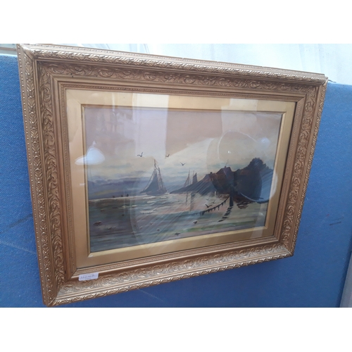 1124A - AN OIL ON CANVAS OF A SEA VIEW IN ORNATE GOLD GILT FRAME