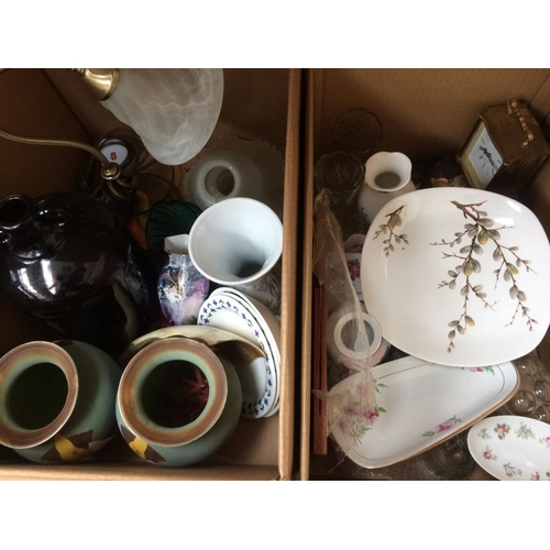 303 - THREE BOXES CONTAINING TOYS, CERAMICS, GLASSWARE, CLOCK, LAMP ETC