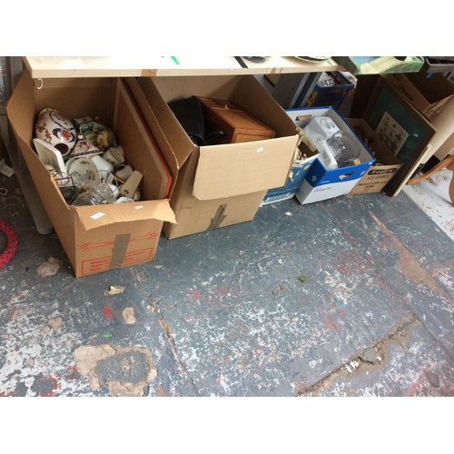 304 - FIVE BOXES CONTAINING KITCHENWARE, CERAMICS, GLASSWARE, LAMPS, CUTLERY, HANDBAGS ETC