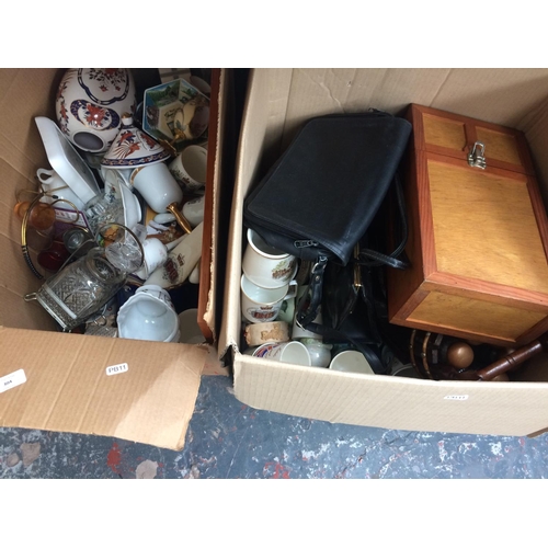 304 - FIVE BOXES CONTAINING KITCHENWARE, CERAMICS, GLASSWARE, LAMPS, CUTLERY, HANDBAGS ETC