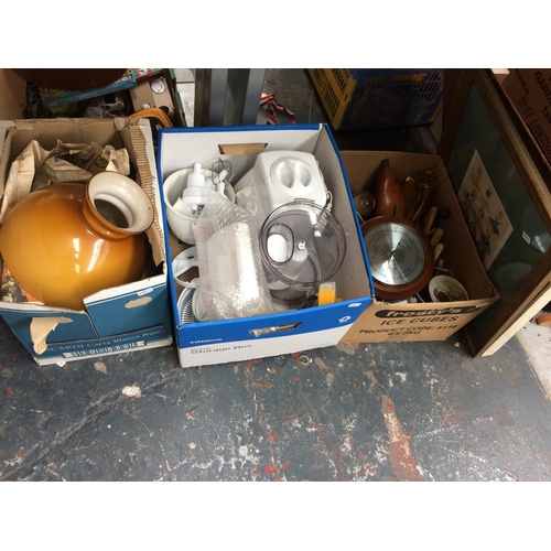 304 - FIVE BOXES CONTAINING KITCHENWARE, CERAMICS, GLASSWARE, LAMPS, CUTLERY, HANDBAGS ETC