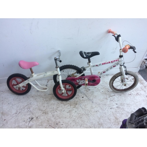 7 - TWO SMALL CHILDRENS BIKES, ONE PINK AND WHITE 'HELLO KITTY' BMX AND ONE WHITE BALANCE BIKE