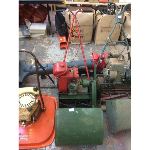 164 - A VINTAGE RED AND GREEN SUFFOLK COLT PETROL LAWN MOWER WITH GRASS COLLECTOR