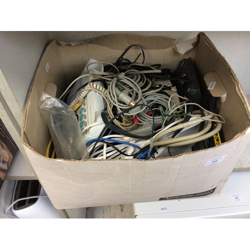 203 - A BOX CONTAINING BT LANDLINE PHONE AND WIRELESS ROUTER, VARIOUS POWER PACKS, LEADS ETC