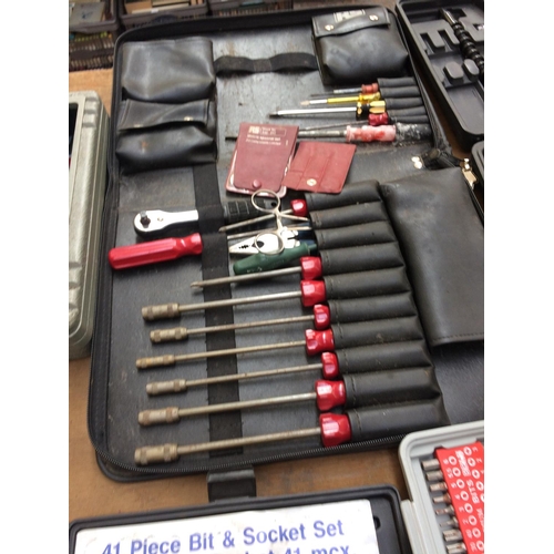 104 - EIGHT CASED ITEMS TO INCLUDE 41 PIECE BIT AND SOCKET SET, MOTORISTS TOOL KIT, SCREWDRIVERS, 41 PIECE... 