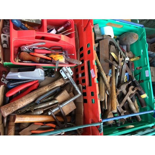 107 - FIVE BOXES CONTAINING GOOD QUALITY HAND TOOLS TO INCLUDE RECORD STILSONS, SMALL BENCH VICE, SCREWDRI... 