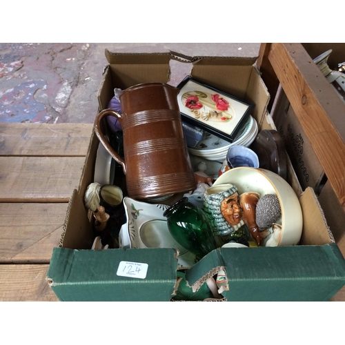 124 - THREE BOXES CONTAINING WEDGWOOD JASPERWARE, PORTMEIRION BOTANIC GARDEN BOWLS, GLASSWARE, EPNS ETC