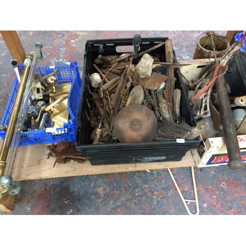 128 - SIX BOXES CONTAINING BRASS DOOR FURNITURE, GOOD QUALITY CHISELS, VINTAGE WORK LIGHT ETC