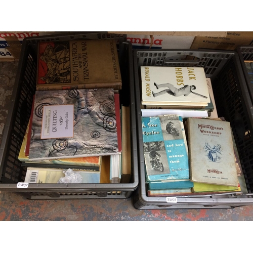 129 - FIVE BOXES OF MIXED BOOKS TO INCLUDE THE MOTORCYCLISTS WORKSHOP, CRICKETS GREATEST BATTLES ETC