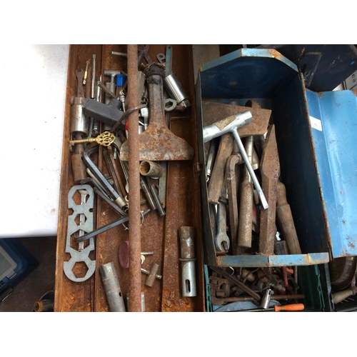 145 - FOUR METAL TOOL BOXES CONTAINING STONE CHISELS, DRILL BRACE, SPANNERS, WODEN G-CLAMP ETC