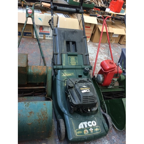 163 - A BLACK AND GREEN ATCO VISCOUNT 19 PETROL LAWN MOWER WITH BRIGGS & STRATTON ENGINE AND GRASS COLLECT... 