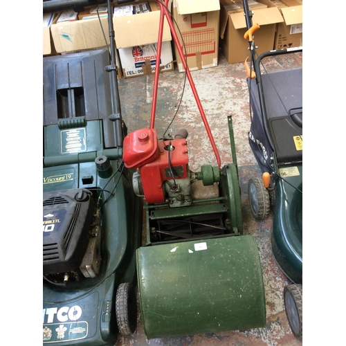 164 - A VINTAGE RED AND GREEN SUFFOLK COLT PETROL LAWN MOWER WITH GRASS COLLECTOR