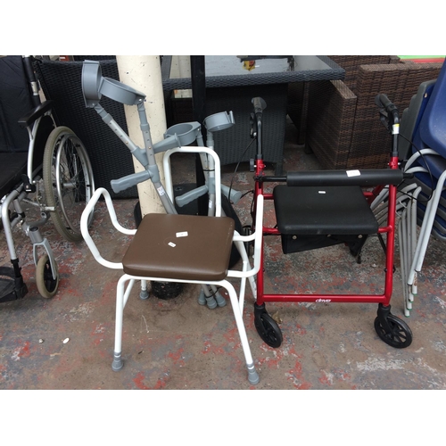 19 - SIX ITEMS OF MOBILITY EQUIPMENT TO INCLUDE A RED AND BLACK DRIVE 4 WHEELED WALKING AID WITH BRAKES, ... 