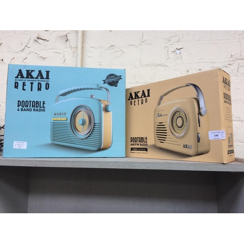 190 - TWO BOXED AKAI RETRO STYLE PORTABLE RADIOS TO INCLUDE ONE BABY BLUE AND ONE CREAM