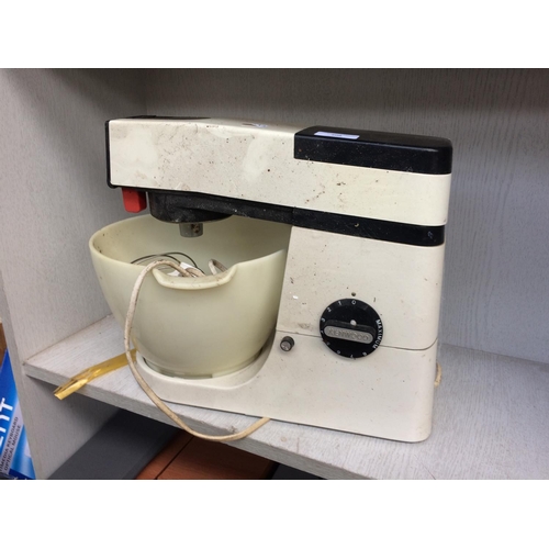 208 - A VINTAGE BLACK AND WHITE KENWOOD CHEF WITH BOWL AND ATTACHMENTS