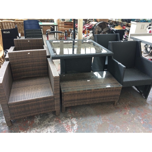 43 - A GOOD QUALITY PLASTIC RATTAN CONSERVATORY SET TO INCLUDE A SQUARE TABLE, FOUR CHAIRS AND RECTANGULA... 