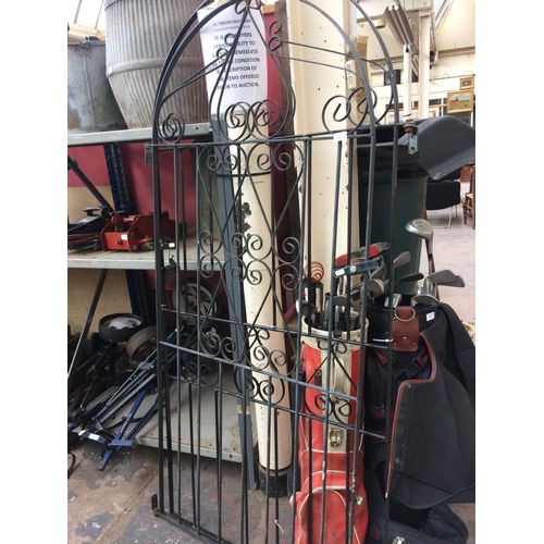 49 - TWO BLACK PAINTED ORNATE METAL GARDEN GATES, ONE MEASURING APPROX 74