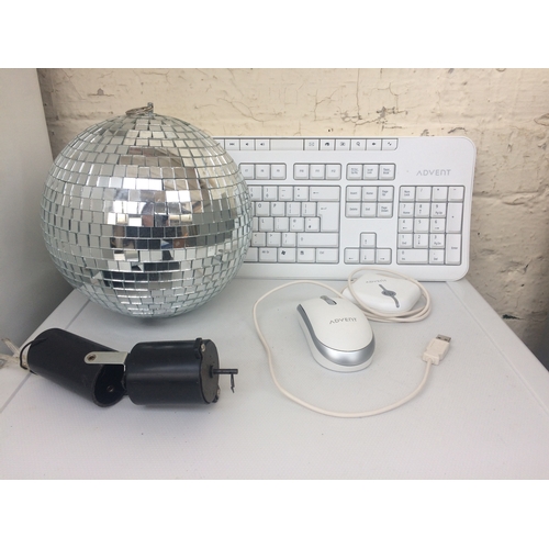 210 - TWO BOXED ITEMS TO INCLUDE A 20 CM MIRROR BALL AND ADVENT WIRELESS MULTIMEDIA  KEYBOARD AND MOUSE